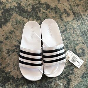 Adidas White Slides with Black Stripes
